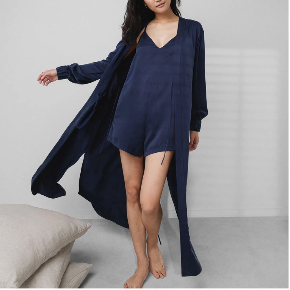 LUNYA BNWT Washable Silk Long Robe in Deep Blue Size L/XL